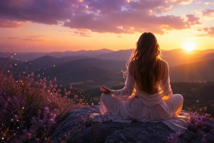 Žena při meditaci v přírodě během západu slunce