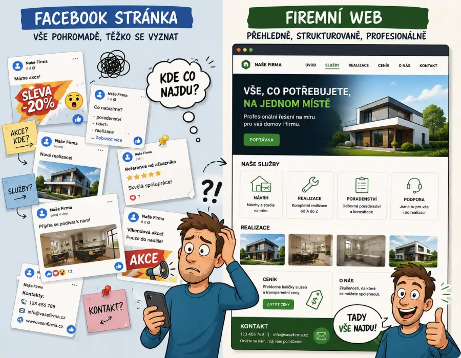 Nepřehledné příspěvky na Facebooku vedle strukturované nabídky služeb na webu