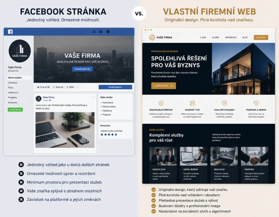 Porovnání jednotného vzhledu Facebook stránky a originálního firemního webu